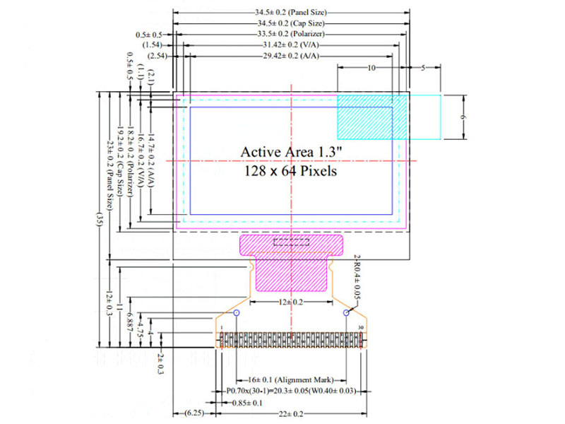 UG-2864KSWLG01 1.3' 128*64 hot sale TFT-LCD
