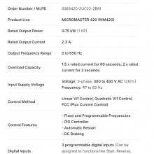 6SE6420-2UC22-2A1 Siemens MM420 2.2kW Frequenzumrichter